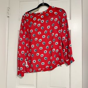 RED FLORAL JCREW BLOUSE WITH BLUE FLOWERS